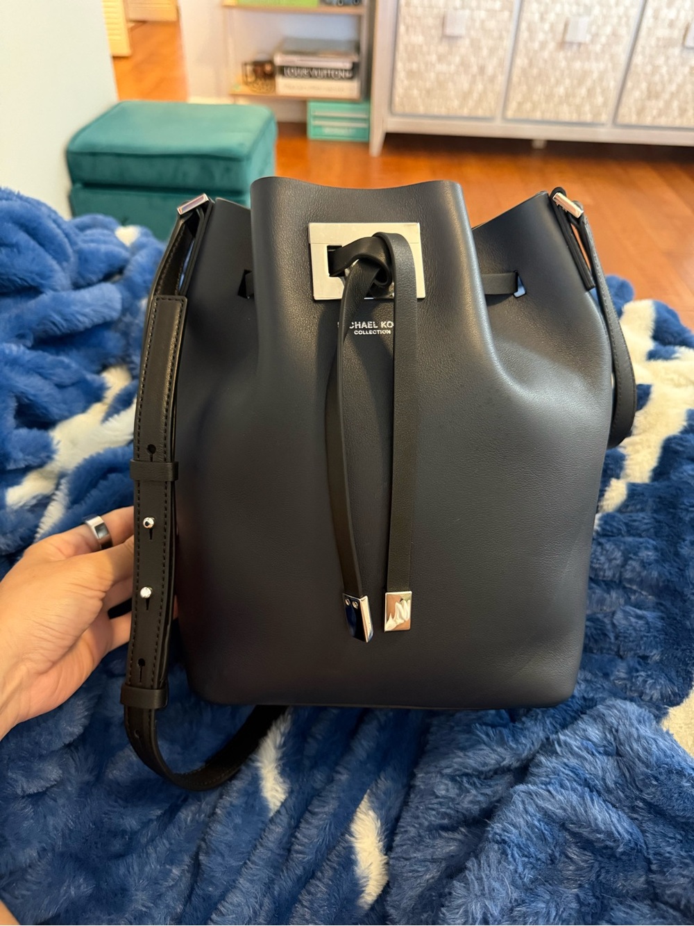 Michael Kors Collection Navy and Black Leather Drawstring Bucket Bag